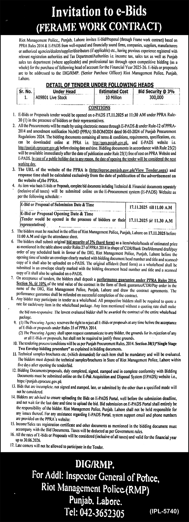 Police Department Lahore Tender Notice